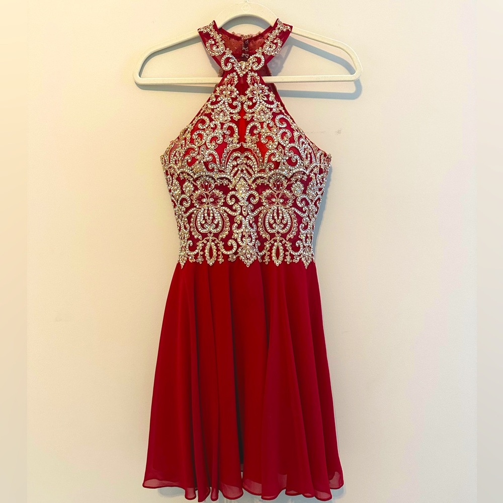 Belle Holiday - Festive Red Chiffon Party Dress with Gold Appliqué